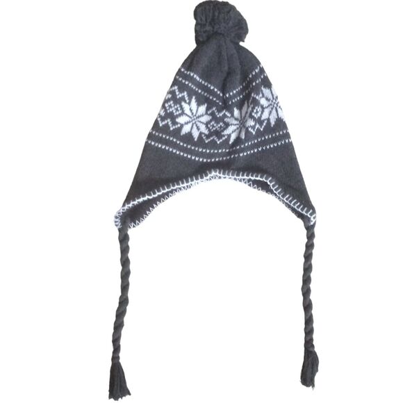girls one size OS charcoal gray knitted snowflake winter beanie pom-pom hat - Picture 2 of 5